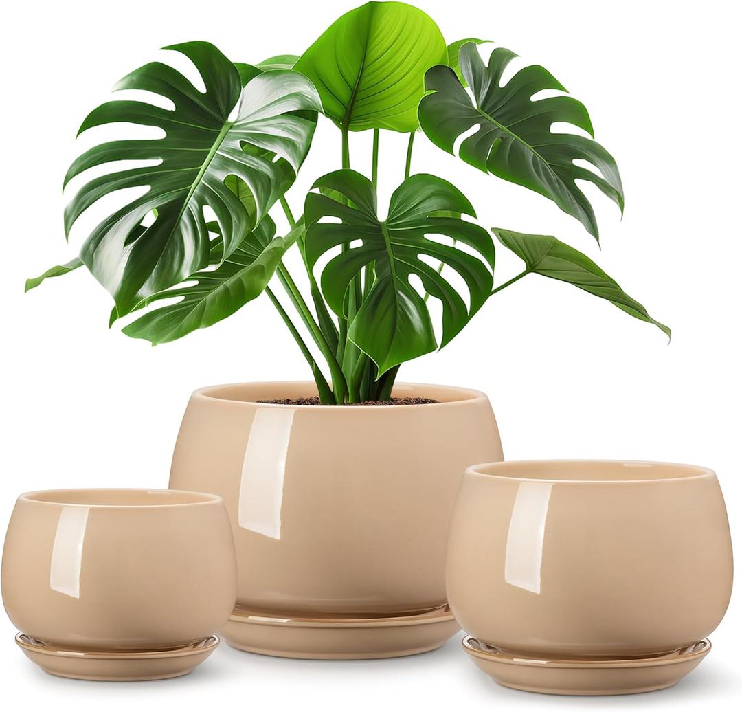 vancasso 3-Pack Ceramic Plant Pots, 7.3/9.6/11.6 Inch Indoor Planters with Saucers & Drainage Hole Planter pots for Indoor Plants and Flower, Brown