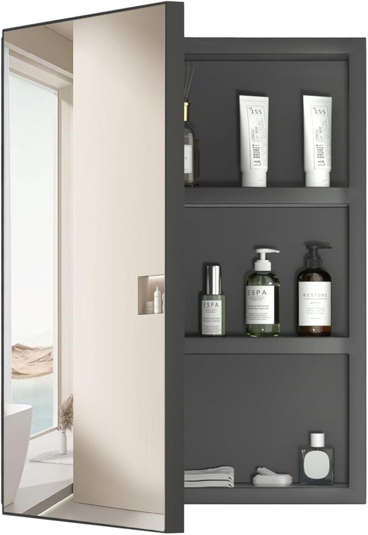 16x22 Farmhouse Black Bathroom Medicine Cabinet with Mirror, Pre-Assembled Single Door Recessed or Surface Wall Mounted Aluminum Bathroom Medicine Cabinet, Modern Vanity Mirror (16" W x 22" H)