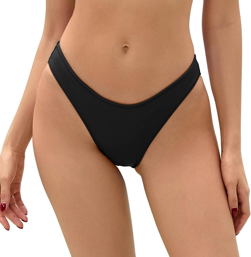 Bellecarrie Women's Cheeky Brazilian Bikini Bottoms Low Rise High Cut Swim Bottom (Medium, Black)