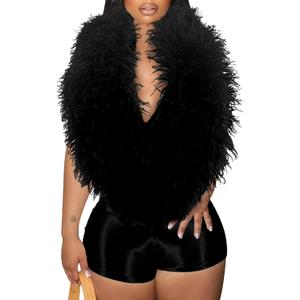 Women Furry Collar Backless Jumpsuits Sexy Club Going Out Outfits V Neck Sleeveless Halter Shorts Romper (Small, Black)