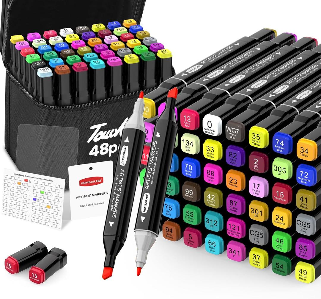 HOMESILMO 48 Color Alcohol Pen Set, Double Tip Art Adult Alcohol Pen, Mixed Sketching Art Supplies, Sketchbook, Coloring Drawing Card, Illustration Production, Brush Head and Chisel Head Double Tip (Black)