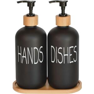 Glass Soap Dispenser Set. Hand and Dish with Bamboo Tray. Vintage Pump for Kitchen Sink Bathroom. Stylish Permanent Labels (Matte Black)