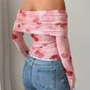 Women Floral Off Shoulder Tops,Mesh Long Sleeve and Ruched Slim Fit Going Out Top (Pink, XXL)