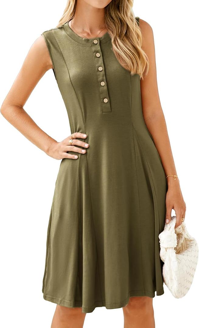 Simplee Womens 2025 Summer Mini Dress - Casual Sleeveless Button Down Vacation Short Sundress with Pockets, XL, Army Green