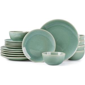 GBHOME Ceramic Dinnerware Sets for 6, 18 Pieces Stoneware Plates and Bowls Sets, Reactive Glaze Dishes -Scratch Resistant, Dishwasher&Microwave Safe-Malachite Green