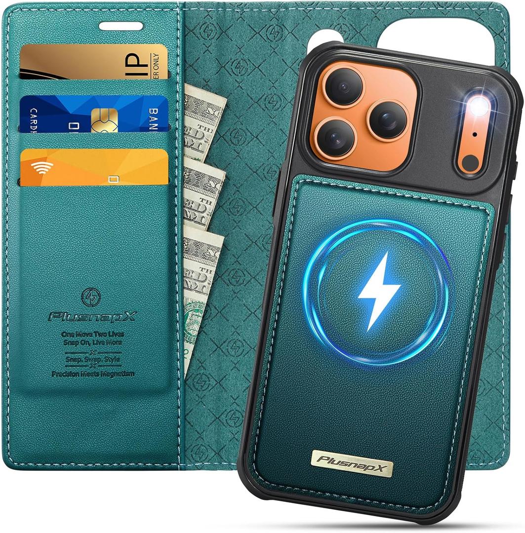 Wallet Case for iPhone 17 Pro Compatible with Magsafe, 2-in-1 PU Leather Flip RFID Blocking Card Holder Stand Shockproof Magnetic Detachable Cover for iPhone 17 Pro Case 6.3", Bluegreen