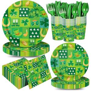 168pcs St Patricks Day Paper Plates Napkins St Patricks Day Decorations for Irish Disposable Party Tableware Set Party Supplies Serve 24 Guests