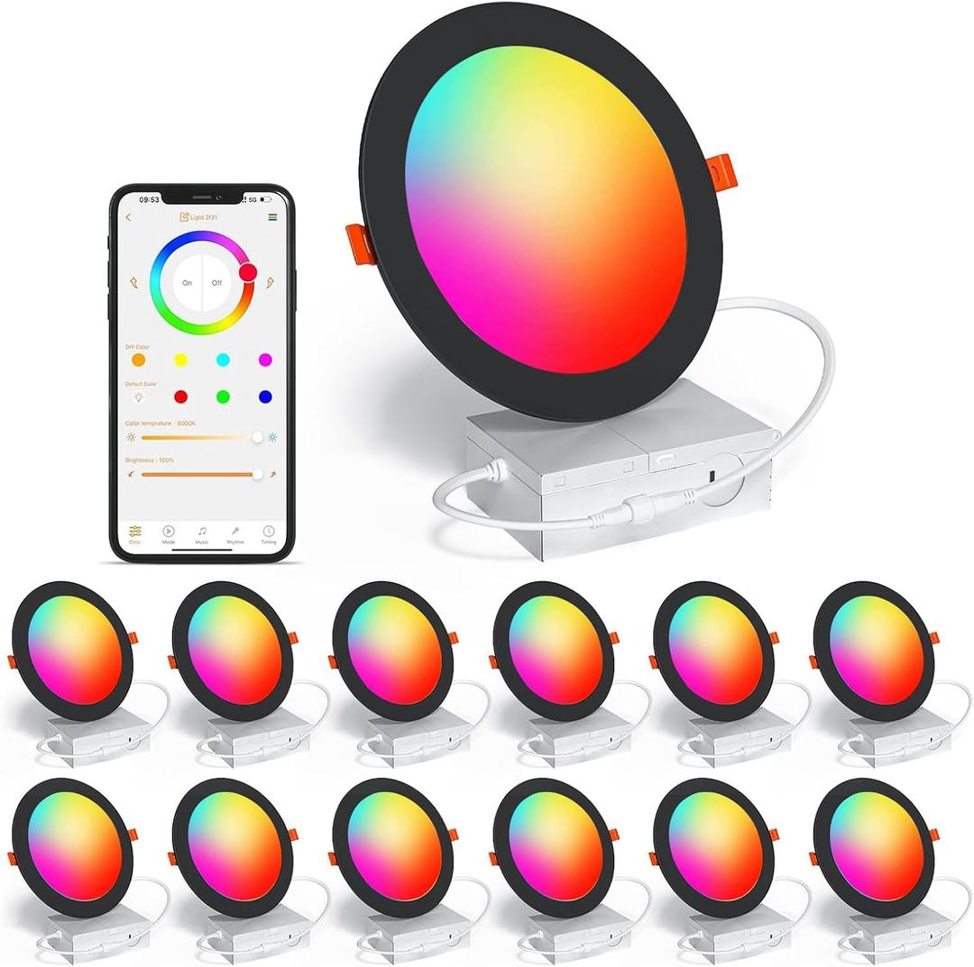 Black Smart Recessed Lighting 6 Inch RGBCW Color Changing 16W LED Downlight with Junction Box,1350 Lumen Recessed Ceiling Light Compatible with Alexa,Dimmable by Bluetooth Control -12Pack