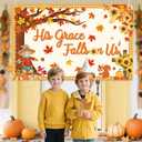 His Grace Fallis On Us Backdrop Fall Thanksgiving Banner Autumn Maple Leaves Pumpkin Fall Bulletin Board Decorations Fall Classroom Decorations Wall Decor Supplies 70.8 x 43.3 inch