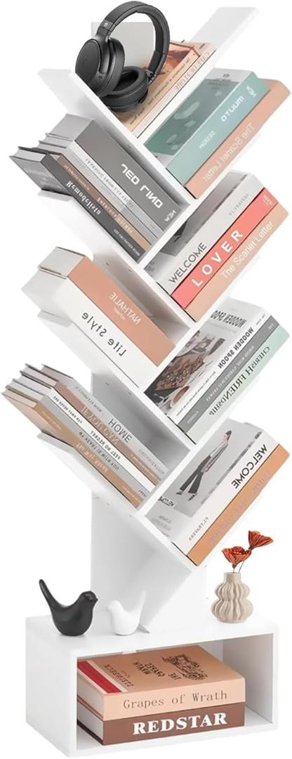 Tree Bookshelf - 6 Shelf Retro Floor Standing Bookcase, Tall Wood Book Storage Rack for CDs/Movies/Books, Utility Book Organizer Shelves for Bedroom, Living Room, Home Office, White