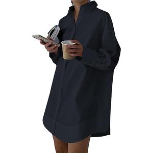 LYANER Women's Casual Shirt Dress Collar V Neck Button Down Loose Long Sleeve Mini Dresses (Medium, Black)