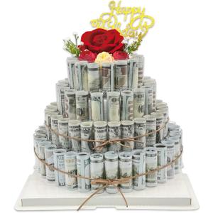 DTESL Gifting Cash Gift Boxes,Happy Birthday Day Money Gift Box,Money Flower Cake Fake Cake Gift BoxDIY Set Surprise Birthday Gift Boxfor Birthday/Christmas/Valentine's Day Unique Gift (Four Tier)