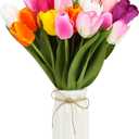 27pcs Colorful Artificial Flowers Tulips, Tulips with 1pc Plastic Vase, Fake Flowers Real Touch Flower 13.9", Christmas, Mother's Day, Easter, Valentine's Day, Family Kitchen, Wedding Decorations