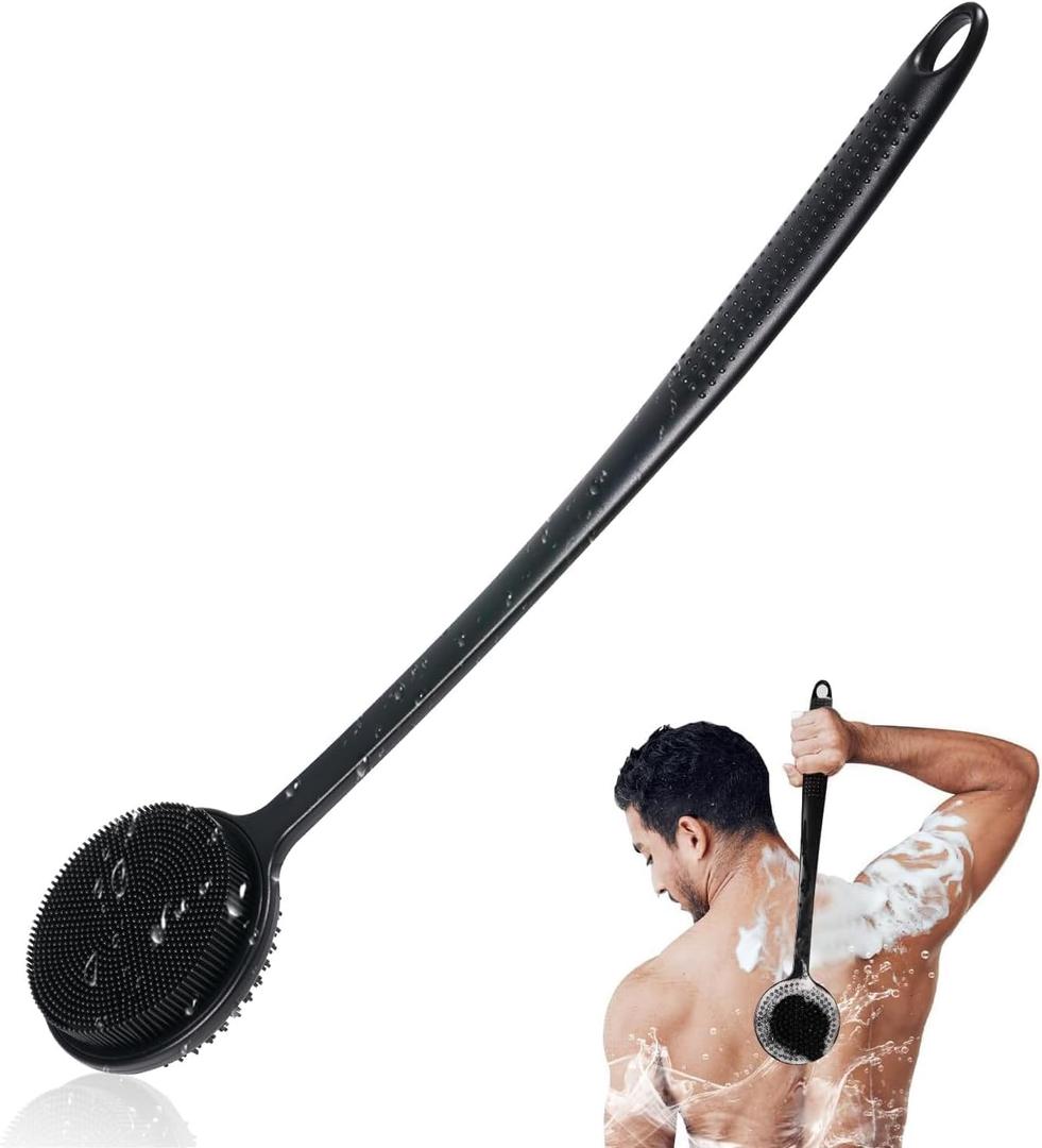 Silicone Back Scrubber for Shower, 17in Lengthen Long Handle Body Brush, Double Sided Shower Brush for Shower Exfoliating and Massage Can Produce Rich Foam, Long Handle Back Scrubber for Men (Black)