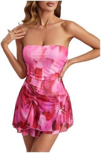 WDIRARA Women's Mesh Strapless Mini Dress Tie Dye Asymmetrical Layered Ruffle Tube Dresses, Medium 