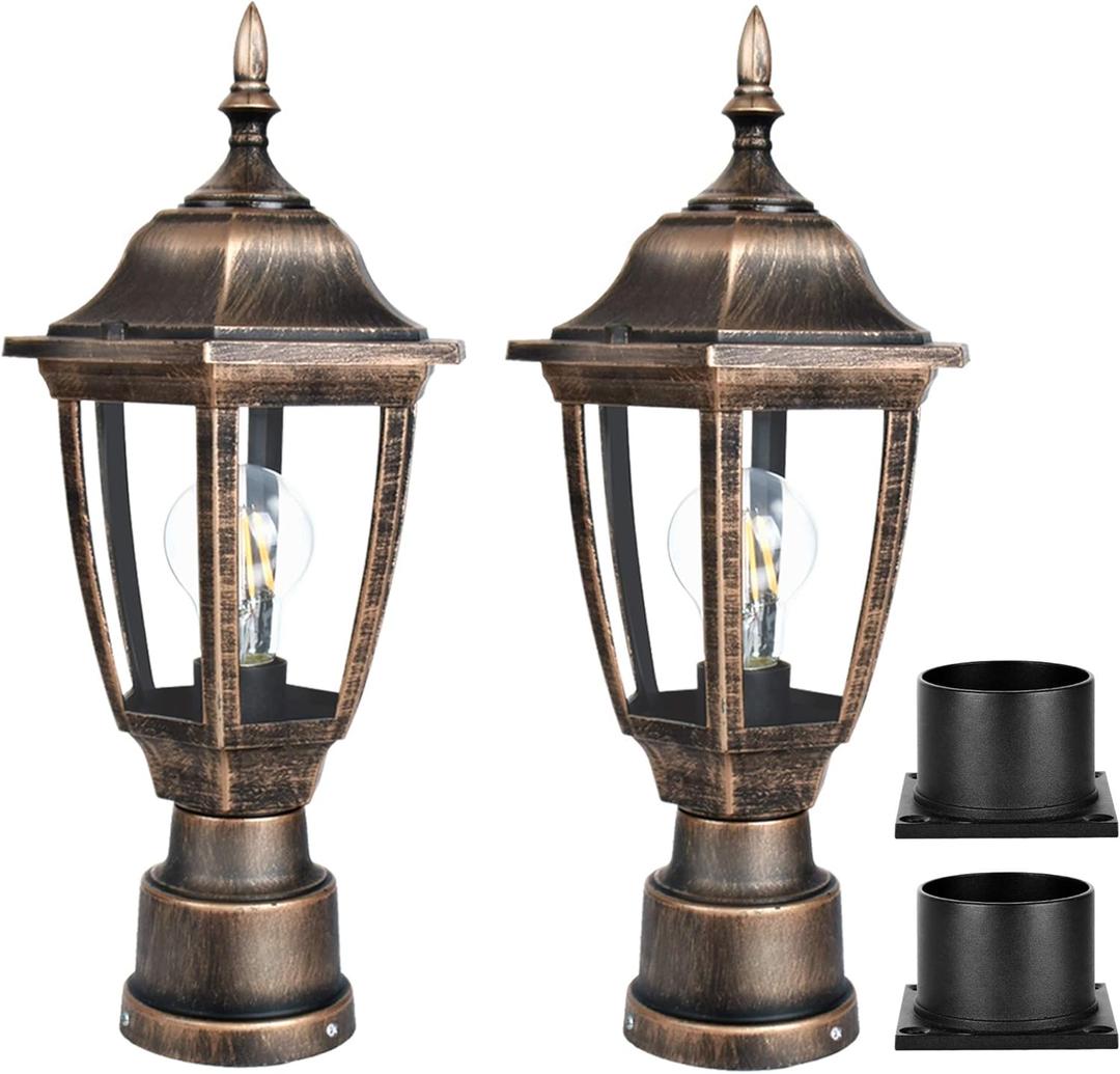 FUDESY Outdoor Post Lights, Electric Exterior Lamp Post Light Fixture with Pier Mount Base, LED Bulb Included, Anti Corrosion Plastic Materials, 2-Pack Pole Lanterns for Garden, Patio, Pathway (Bronze)