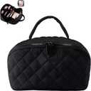 Travel Makeup Bag for Woman, Puffy Padded Quilted Makeup Bag, Lay Flat Makeup Bag, Large Capacity Pouch Open Flat Small Toiletry Bag with Brush Compartment & Handle (Black)
