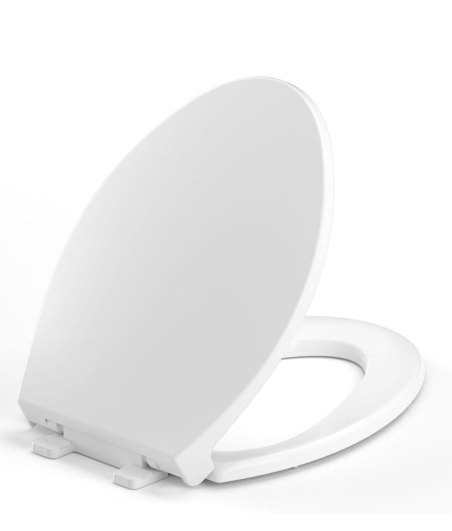 Elongated Toilet Seat, 18.5 Soft/Slow Close Oval (Oblong) Toilet Seat for Elongated Toilets, No-Slam Quiet-Close Lid, Easy-to-Install & Clean, Durable Never-Loosen White Plastic Seat