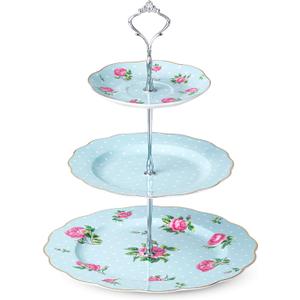 BTaT- Floral 3 Tier Cake Stand, Porcelain, Pastel Blue with Pink Roses & Gold Trim, 3 Tiered Dessert Stand for Cookies, Cupcakes & Fruits, Dishwasher Safe, Mothers Day Gift
