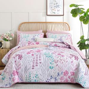 Xruibed Quilt Set Queen Size 3 Pieces Rose Pink Floral Quilt Sets Reversible Bedspreads Bedding Set Soft Microfiber Lightweight Quilt Flower Plant Bed Coverlet Sets for All Season (Queen 96"x90")