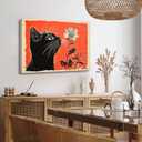 Framed Vintage Black Cat Canvas Wall Art Cat Wall Decor Pictures black cat curiously sniffing a delicate flower Posters Prints for Living Room Dining Room Bedroom Bathroom Home decoration 16x24in