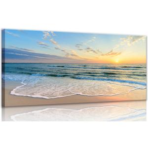 Sunset Ocean Beach Canvas Wall Art Living Room Ocean Picture Coastal print poster Blue Seascape Theme wall decor Modern Coastal Seascape Painting Seaside Artwork for Home Bedroom Framed