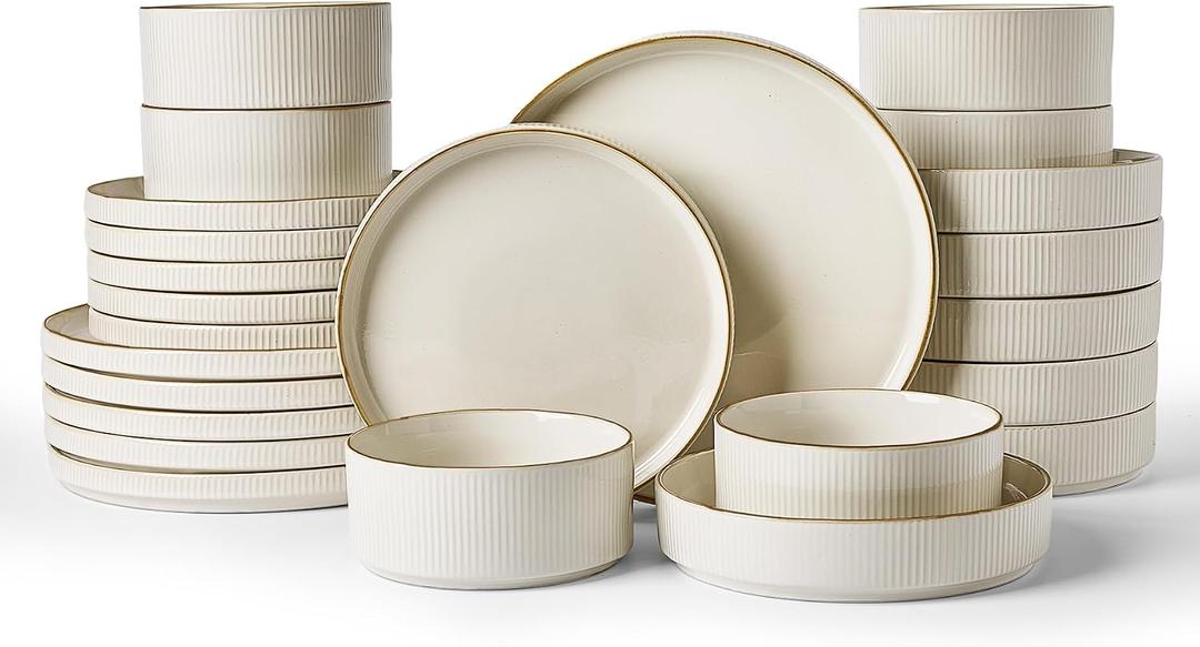 Famiware Star 24-Piece Stoneware Dinnerware Set with Trim, Service for 6 - Shallow Pasta Bowls & Flat Plates, Dishes for Everyday & Formal Use, Chip/Scratch Resistant, Microwave/Dishwasher Safe, White