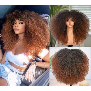Afro Kinky Curly Wig for Black Women 18 Inch Afro Bomb Curly Wig With Bang Heat Resistant Puffy and Fluffy Bouncy Curly Synthetic Hair for Halloween Party and Daily Use, Ombre Black to Brown
