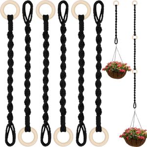 6 Pack Adjustable Macrame Plant Hanger Extender Handmade Woven Hanging Basket Extenders Connectable Rope Hanging Extension with Wooden Ring for Indoor Outdoor Plant Pot Holder(Black)