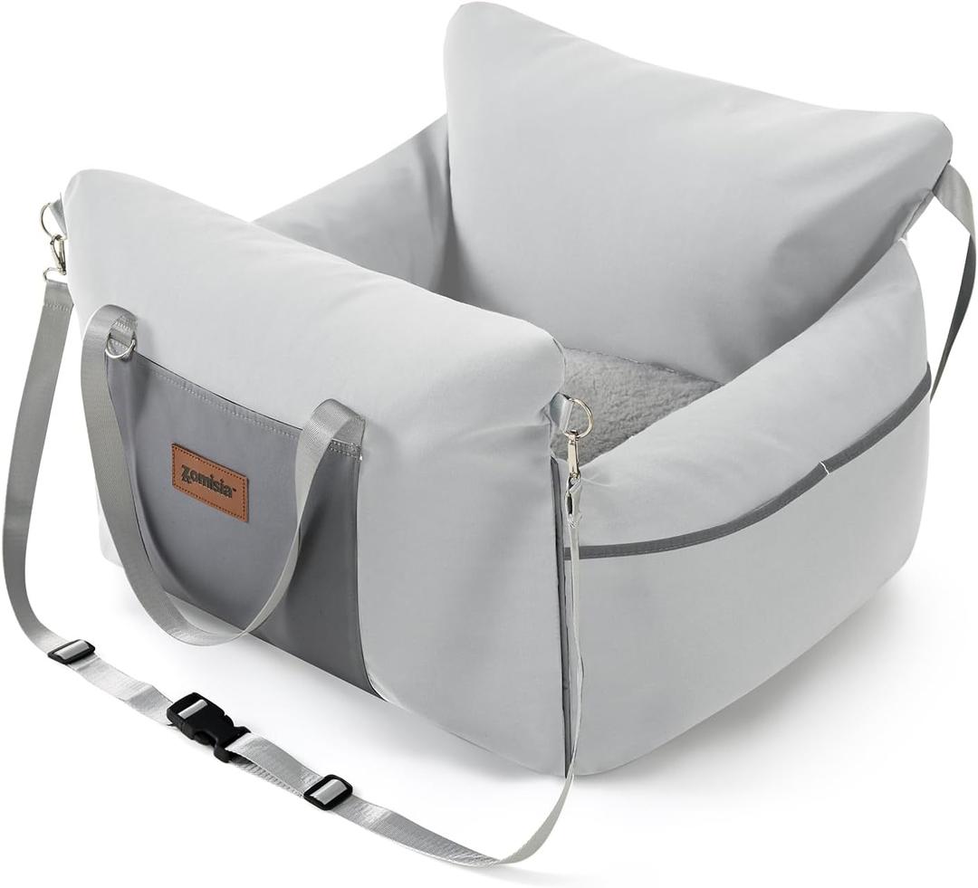Dog Car Seat for Small to Medium Dogs - Waterproof Pet Booster Seat for Car with Clip-On Safety Leash, Travel Carrier for Puppy up to 25 lbs, Memory Foam Filling & Adjustable Buckles, Grey