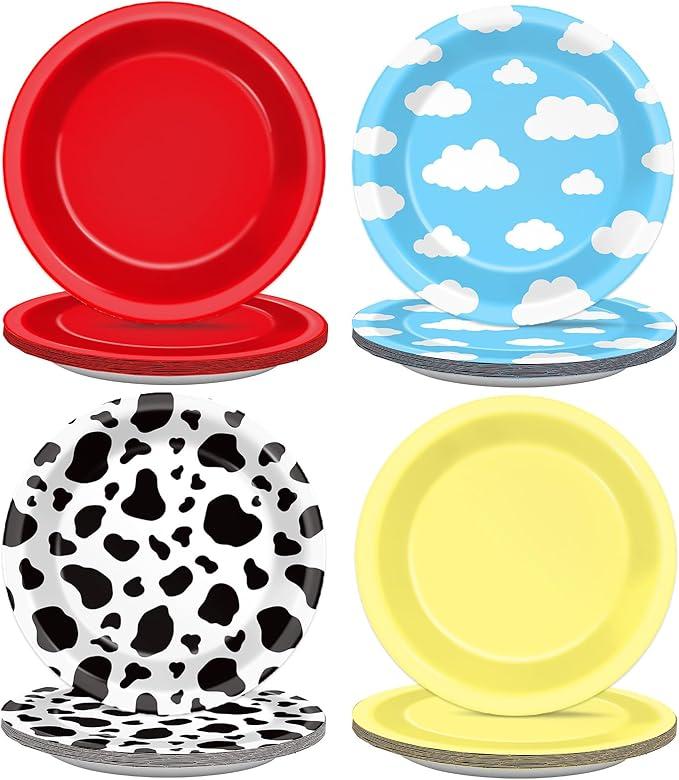 48Pcs Cartoon Story Birthday Party Paper Plates for Toy Inspire Game Story Party Supplies 7" Cow Print Sky Blue Cloud Birthday Party Disposable Plates for Kids Birthday Baby Shower Party Decorations