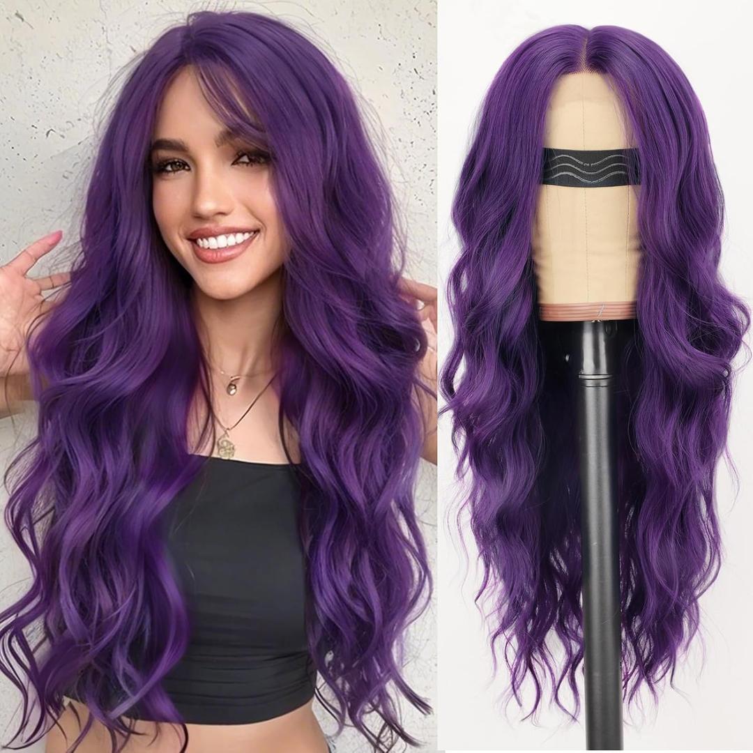 AISI HAIR Dark Purple Wig for Women, Long Wavy Lace Hairline Middle Part Synthetic Heat Resistant Wig for Daily Party-26 Inch