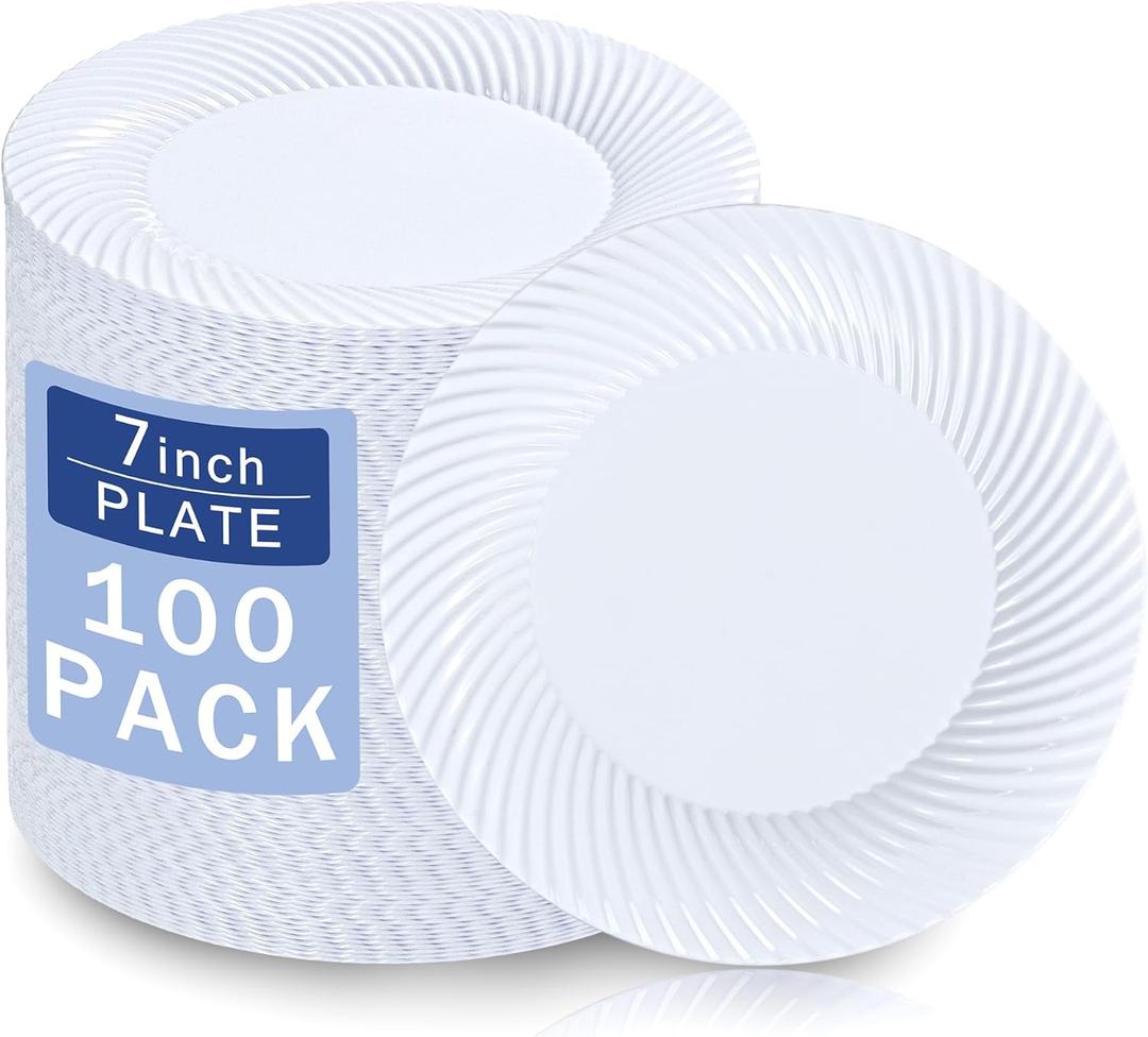 7 Inch White Plastic Plates, 100 Count Disposable Heavy Duty Dessert Plates, Durable Disposable Salad Plates,Premium Hard White Plates for Party, Weddings & Events