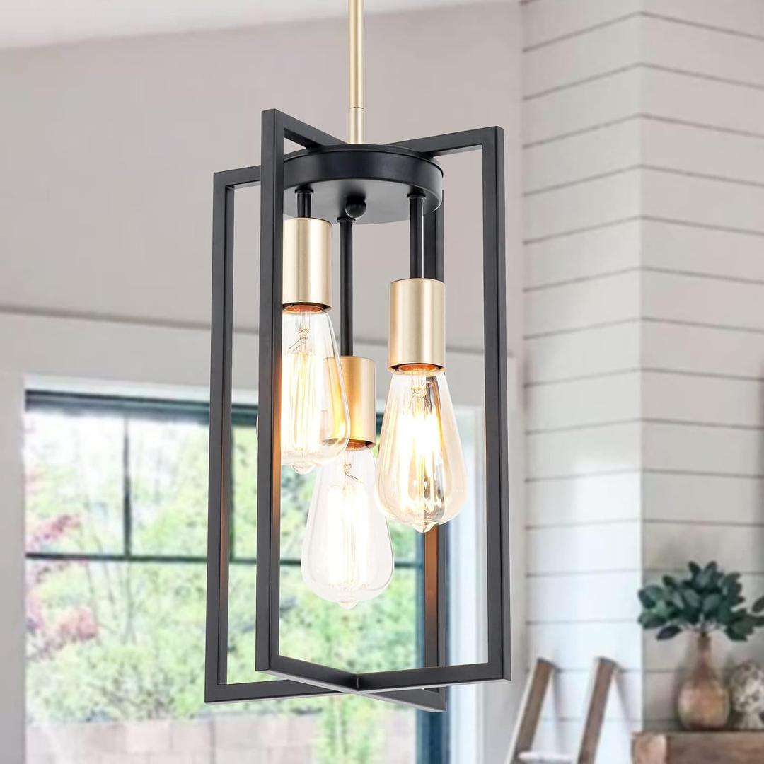 Industrial Farmhouse Pendant Lights,Rectangle 3-Light Modern Black and Golden Chandelier,Geometric Metal Cage Adjustable Rods Pendant Lighting Fixture for Kitchen Island Dining Room Living Room Foyer