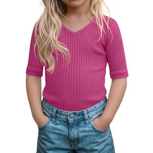Toddler Girls Short Sleeve Shirt Cotton Ribbed Slim Fit V Neck Elbow Length Casual Soft Basic Top Kids Summer Tee (Red)
