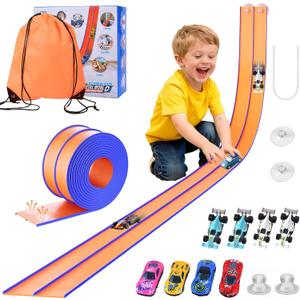 Flexible Race Track Toys for Kids  15ft Roll-Up Car Racetrack with Suction Cups | Portable DIY Road Playset Compatible with 1:64 Scale Diecast Cars | Christmas Birthday Gifts for Boys & Girls Aged 3+ (Orange and Blue)