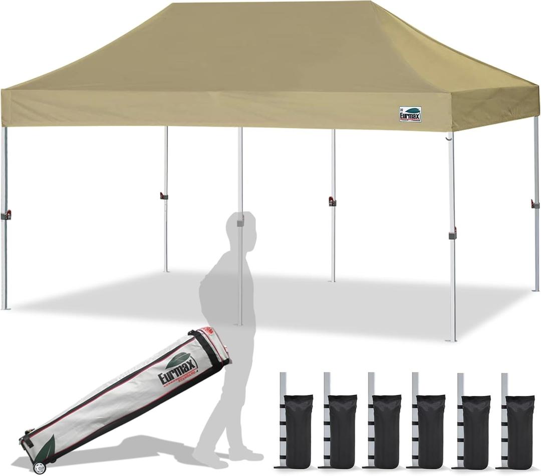 Eurmax USA 10x20ft Pop Up Canopy, Commercial Instant Tent for Outdoor Events, Patented No-Tip Rolling Storage Bag with 6 Sandbags,UV & Water Resistant,Heavy Duty Portable Shelter Gazebo,Khaki