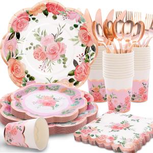175PCS Floral Party Supplies, Mother's Day Paper Plates, Floral Plates and Napkins Sets for Mother's Day, Baby Shower, Wedding, Tea Party, Serves 25 Guest
