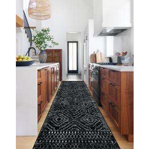 Wonnitar Washable Runner Rugs for Hallway 2'6"x10', Moroccan Non-Slip Black Long Kitchen Runner, Low Pile Boho Soft Carpet Runner for Entrance Living Room Entryway Bedroom (Black,2'6"x10') 