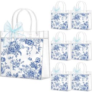 Weysat 24 Pcs Blue Floral Scalloped Party Favor Clear Gift Bags with Handles Ribbon Blue White Vintage Floral Leaf Chinoiserie Party Favors Candy Treat Bags for Wedding Birthday Bridal Shower