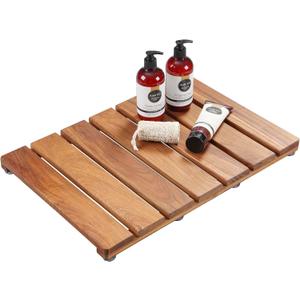 Natural Teak Wood Shower Bath Mat, 20.67 * 14.76 Inches, Non-Slip Rubber Feet, Premium Wooden Floor Mats for Spa, Sauna, Pool and Hot Tub, Flooring Decor and Protector, Indoor and Outdoor Use., 20.7" x 14.8"