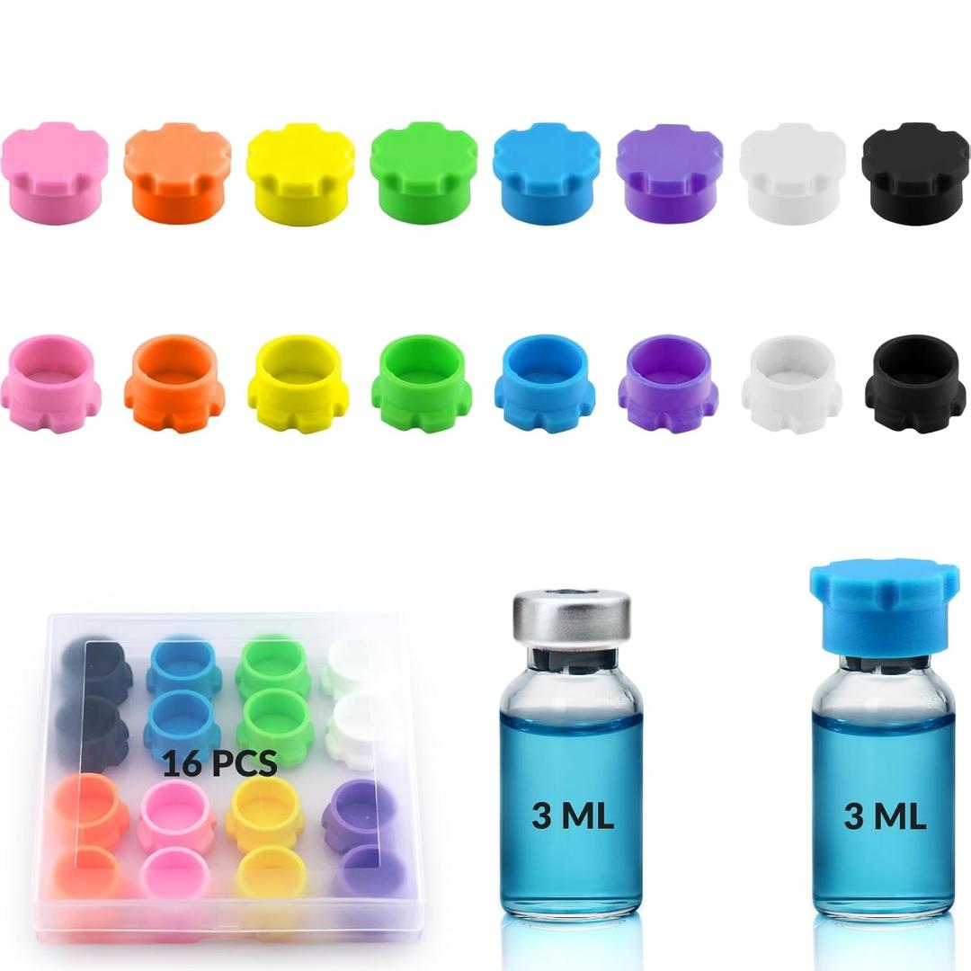 3ml Glass Vial Caps, Peptide Vial Caps, Silicone Protective Caps for 1ml 2ml 3ml Glass Vials, Reusable Vial Covers for Peptide Storage and Vial Boxes (16Pcs / 8Colors)