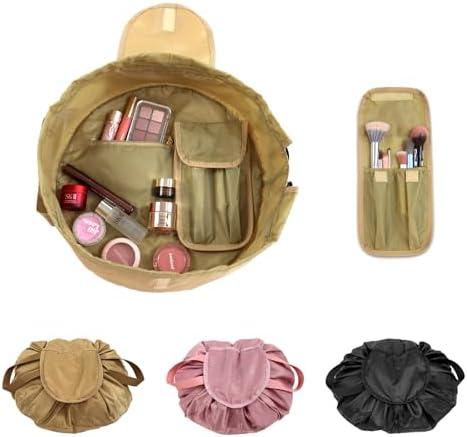 SUMBABO Drawstring Cosmetic Bag for Women – Barrel Drawstring Toiletry Cinch Makeup Bag for Travel with Brush Area (Khaki)