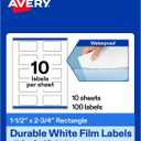 Avery Printable Durable White Rectangle Labels, Sure Feed Technology, 1.5" x 2.75", Print-to-the-Edge, Waterproof Labels, Laser & Pigment-Based Inkjet Compatible, 100 Total