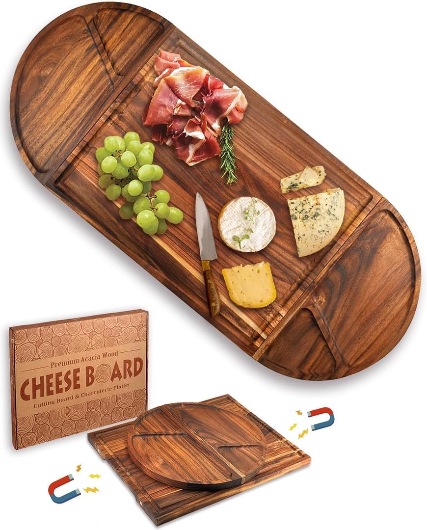 Extra Large 30 x 13 Magnetic Acacia Wood Charcuterie Boards Cheese Board Set with Handles, Serving Tray and Cutting Board Set, for Housewarming New Home Christmas Wedding Bridal Shower