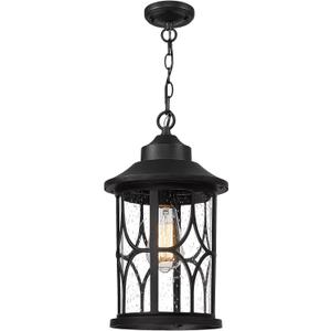 zeyu Outdoor Hanging Light Fixture - 15 Inch Farmhouse Exterior Pendant Light Fixture for Porch with Seeded Glass, Black Finish, ZX48MH BK (Large)