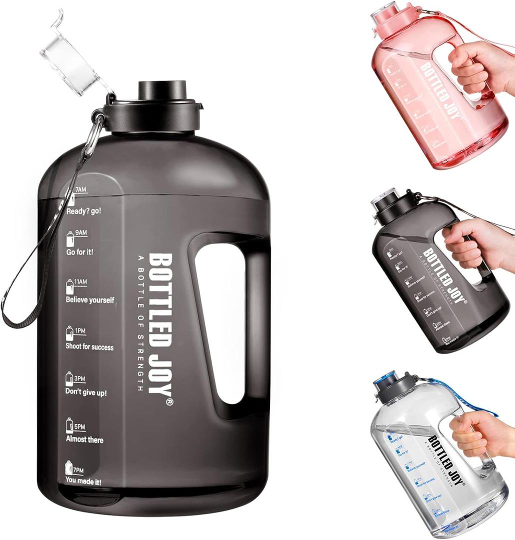 JIMACRO Water Bottle, BOTTLED JOY 1 Gallon Sports Water Bottle with Time Markings and Reusable, 128 Oz Leakproof DUNDUN Water Bottle BPA-Free, Flip Top for Sports, Cycling, Camping (Black)