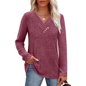 SAMPEEL Sweaters for Women Long Sleeve Shirts V Neck Tops with Buttons Fall Fashion Outfits Winter Clothing 2025, Size Medium