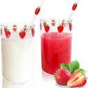 Strawberry Cups 2 Sets with Straws Cute Cups 300ML with Straw Cleaner Brush Cute Strawberry Pattern for Water Juice Milk Coffee Tea2 Sets