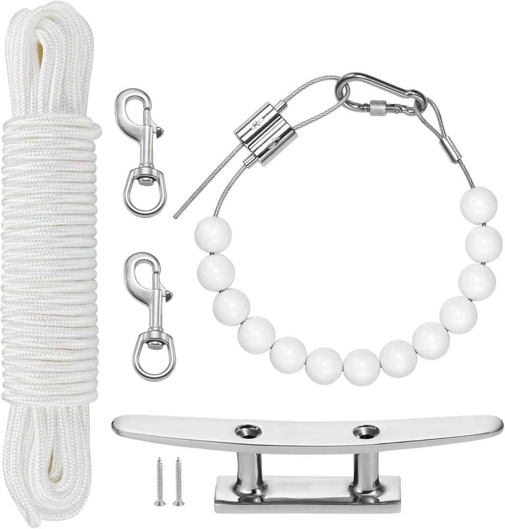 Flag Rope and Clips Kit, 50 Ft Flag Pole Rope Halyard Polyester Rope with Heavy Duty 6" Cleat Hook, Flagpole Retainer Ring and 2 Pcs Stainless Steel Swivel Snap Clips for Flagpoles Up to 25ft (white-50ft B)